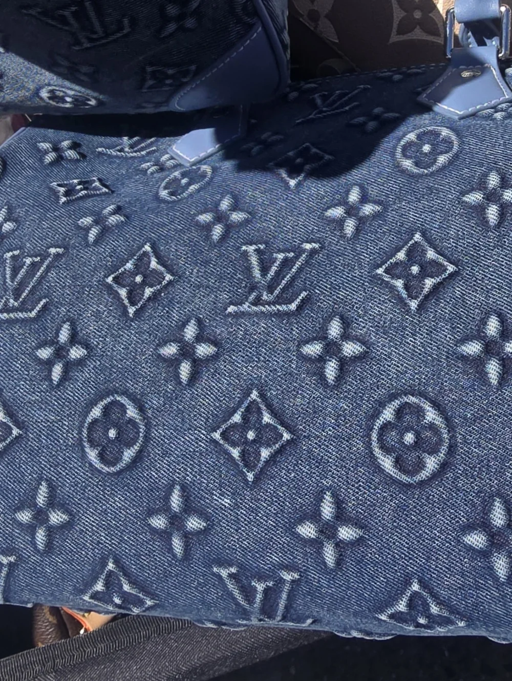 Cotton Denim Deluxe Monogram 30 Pillow Large Tote with Light Blue Leather Trim - Picture 6 of 16